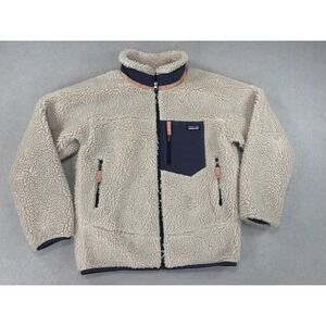 Patagonia Kids Retro-X pile fleece full zip jacket Large 12 Natural/Smolder Blue